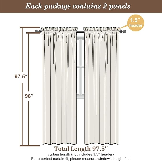 Chyhomenyc Ivory Semi Sheer Curtains 96 Inches Long 2 Panels