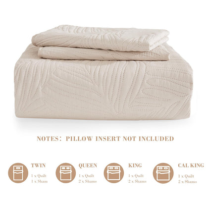 Exclusivo Mezcla King Size Quilt Bedding Set, Lightweight Brich Beige Quilts King Size for All Seasons, Soft Microfiber Bedspreads Coverlets Bed Cover with Leaf Pattern, 3 Piece