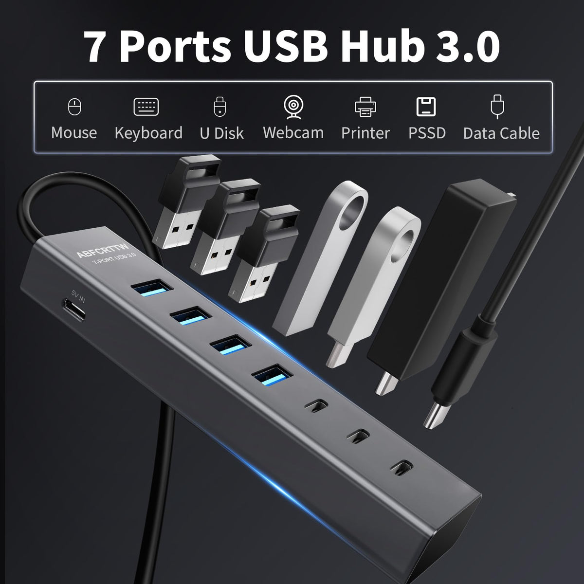 4Ft 7-Port USB Hub 3.0 for Desktop, 4 USB-A & 3 USB-C Ports Aluminium 5Gbps USB Extender Hub, USB Splitter, USB Hub Long Cable for Desktop, PC, Flash Drive, Mobile HDD SSD, Windows/XPS