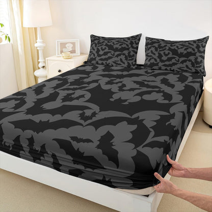 Castle Fairy Halloween Themed Bed Sheet Set for Boys Girls,Black Bats Animal Print Bed Sheet Set Full Size Bedding Set,Dark Grey Color Fitted Sheet and 1 Flat, 2 Pillow Sham