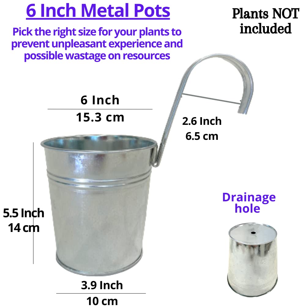 LaLaGreen Fence Planters for Outdoor Plants (10 Pack, 6 Inch) Railing Planter Metal Herb Garden Pots Outdoor, Hanging Silver Flower Buckets for Outside Wall Deck Patio Balcony Rail Farmhouse Rustic
