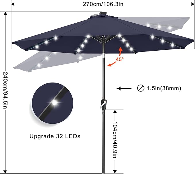 ABCCANOPY Durable Solar Led Patio Umbrellas with 32LED Lights 9FT (Deep Blue)