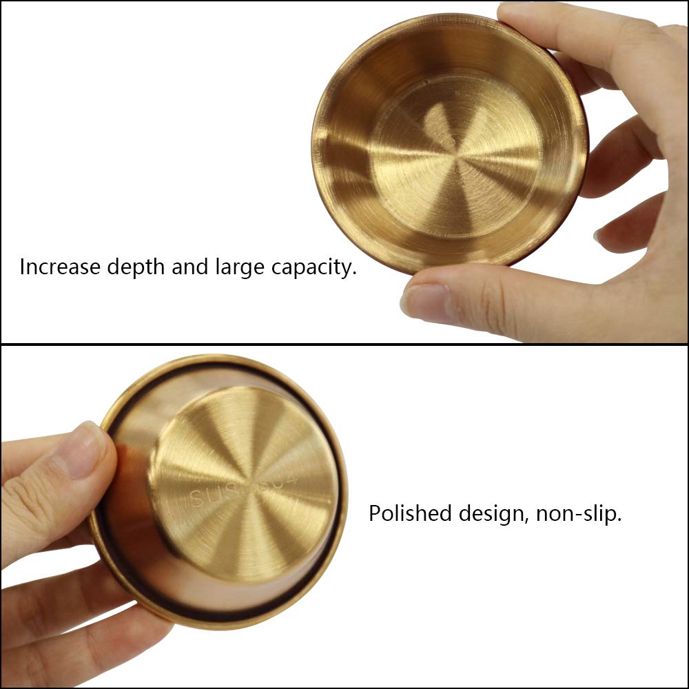 10Pack 2.3OZ Stainless Steel Sauce Dish, Seasoning Dishes, Premium Sushi Dipping Bowl Saucers, Metal Ramekins, Mini Appetizer Plates, Individual Condiment Sauce Cups (Gold)