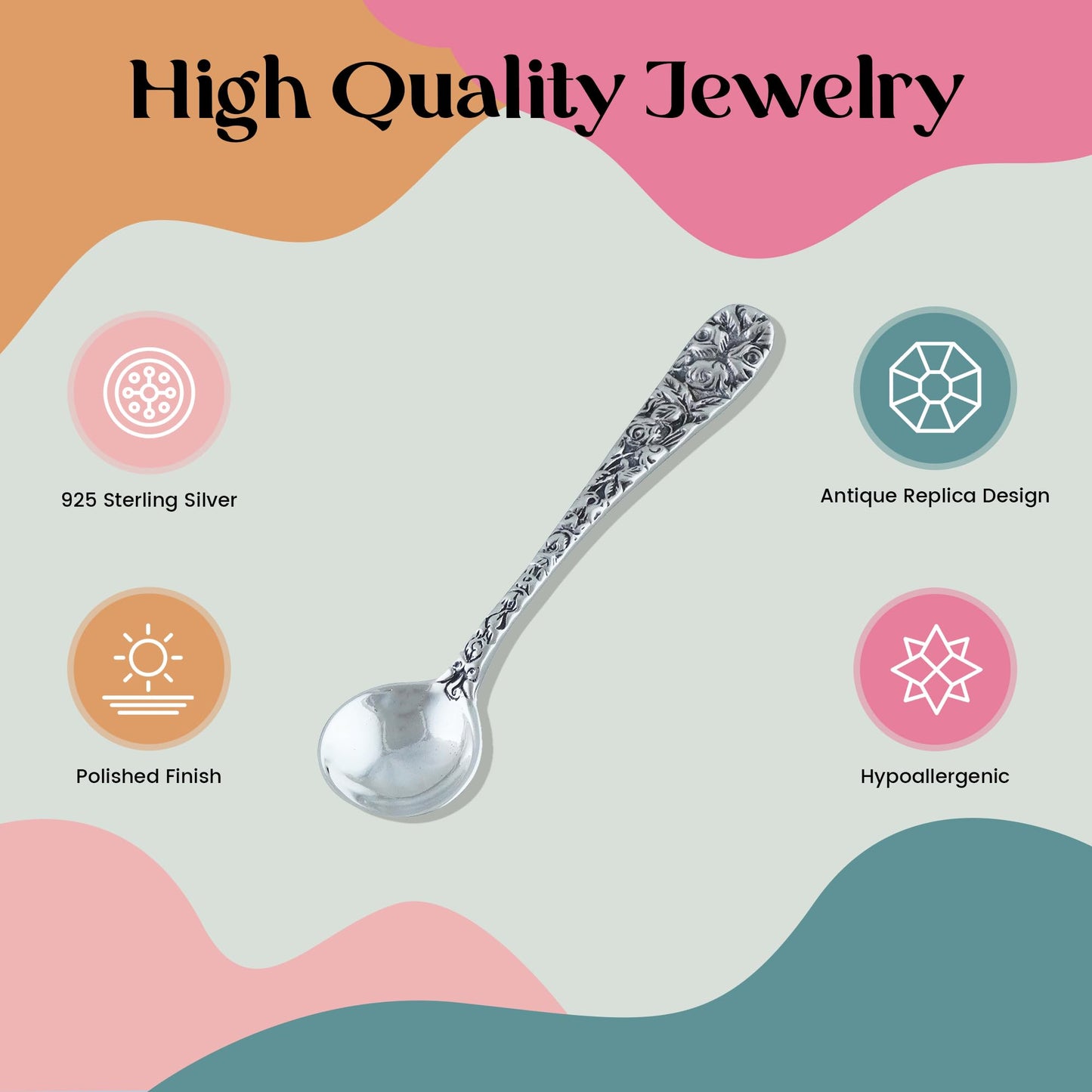 Sterling Silver 2.5" Salt Spoon or Mustard Spoon w/Floral Pattern Handle