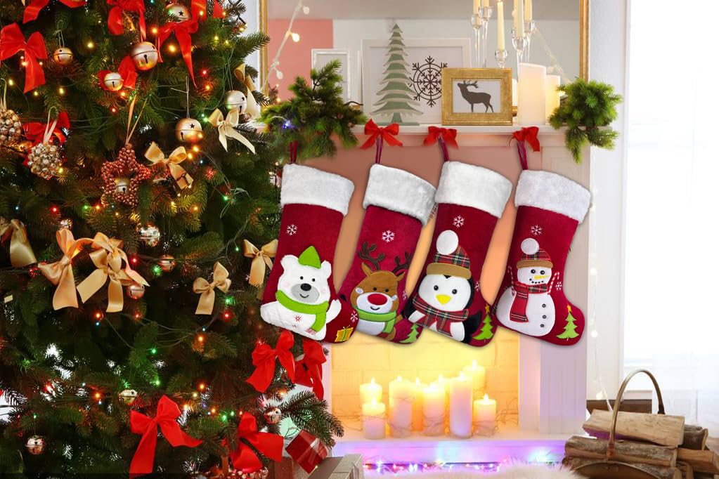 Snowman Christmas Stocking, 20" Velvet Cute 3D Deer Bear Moose Reindeer Xmas Stocking for Children Kids Girls Boys Women Men