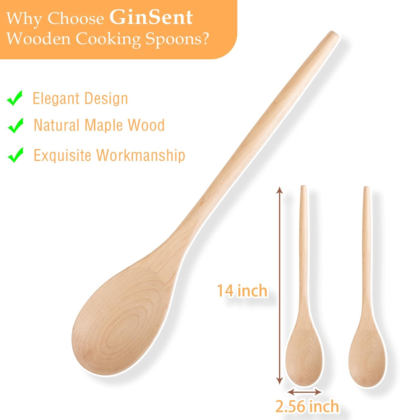 2PCS Wooden Cooking Spoons, 14 Inch Maple Wooden Spoons for Cooking or Mixing Salad, Wooden Spoons Cooking for Stirring Sauce Soup Nonstick Spoon Kitchen Serving Utensil Long Handle with Smooth Finish