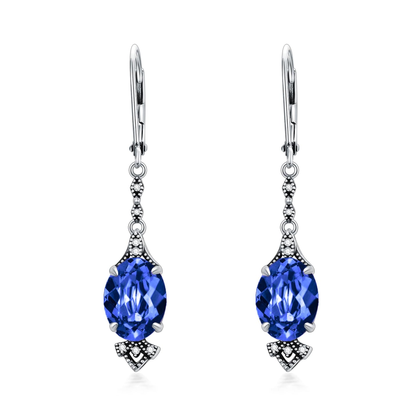 Vintage Sapphire Blue Earrings 925 Sterling Silver Retro Antique Looking Leverback Dangle Drop Earrings with Oval September Birthstone, Anniversary Jewelry Gifts for Women