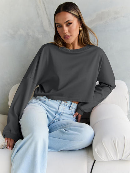 Trendy Queen Cropped Sweatshirts for Women Oversized Crewneck Sweaters Long Sleeve Tops Fall Winter Clothes 2025