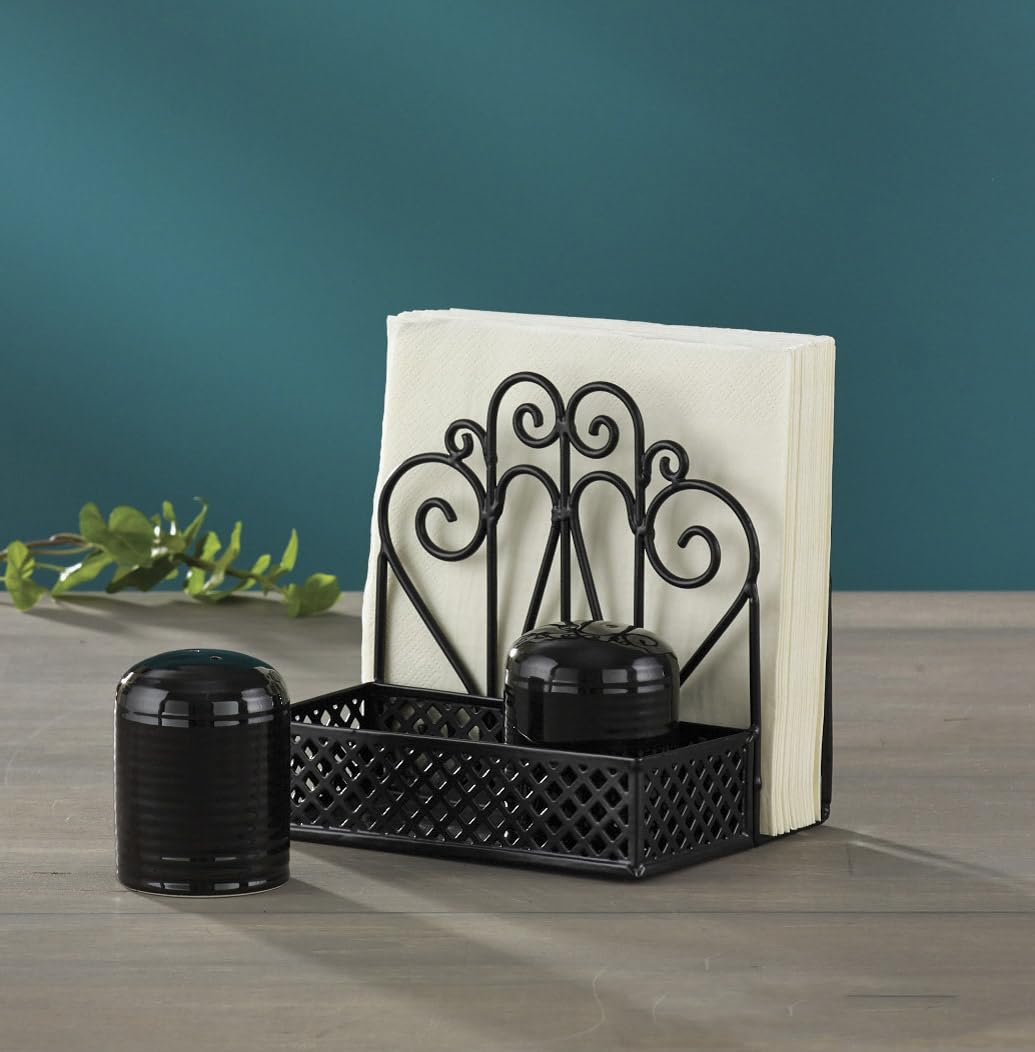 Park Designs Black Napkin Salt and Pepper Holder for Table | Combo Napkin Caddy & Salt and Pepper Caddy | Farmhouse Napkin Holder for Paper Napkins
