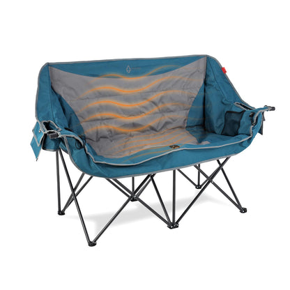 ARROWHEAD OUTDOOR 57" Wide Duo Foldable Heated Camping Loveseat Chair with 3-Stage Heating, Large Cup Holders, Glass Holders, Side Pockets, and Storage Pouches - Blue and Grey