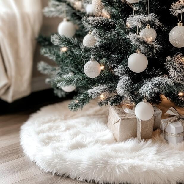 AOGU 48 Inch Faux Fur Christmas Tree Skirt White Plush Skirt for Merry Christmas Party Christmas Tree Decoration