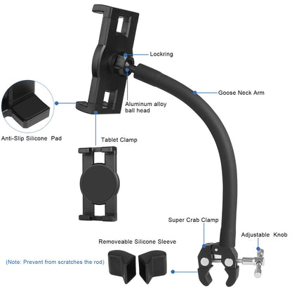 Mippko Tablet Holder for Treadmill/Elliptical/Spin Bike/Peloton/Indoor Cycle,Gooseneck Arm Super Crab Clamp Mount Compitable with 4.7~12.9" iPad/Nexus/LG G Pads/e-Reader/Switch/iPhone