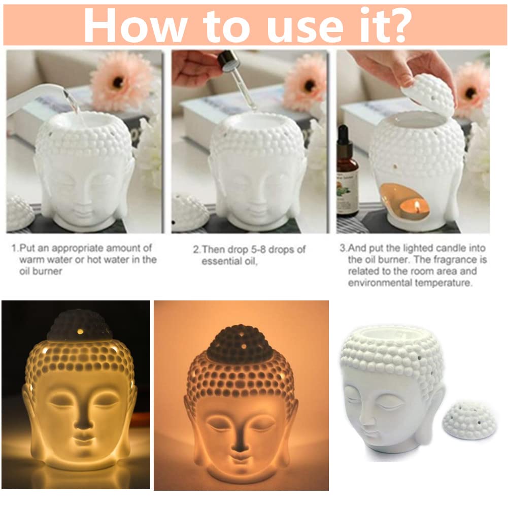 Ceramic Buddha Head Essential Oil Burner with Candle Spoon for Yoga Spa, Aromatherapy Wax Melt Burners Oil Diffuser Tealight Candle Holder for Bedroom Home Garden Decor (White)