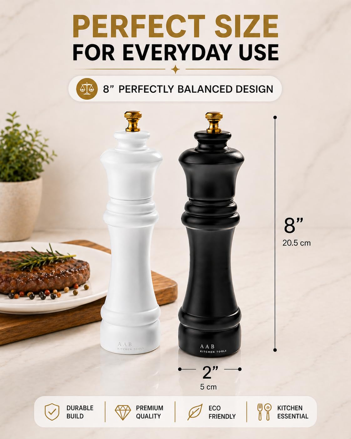 AAB Kitchen Tools Wooden Black and White Manual Refillable Large Salt and Pepper Grinder Set, Shaker with Adjustable Ceramic Grinding Mechanism for Customized Coarseness, 8 Inches, Pack of 2