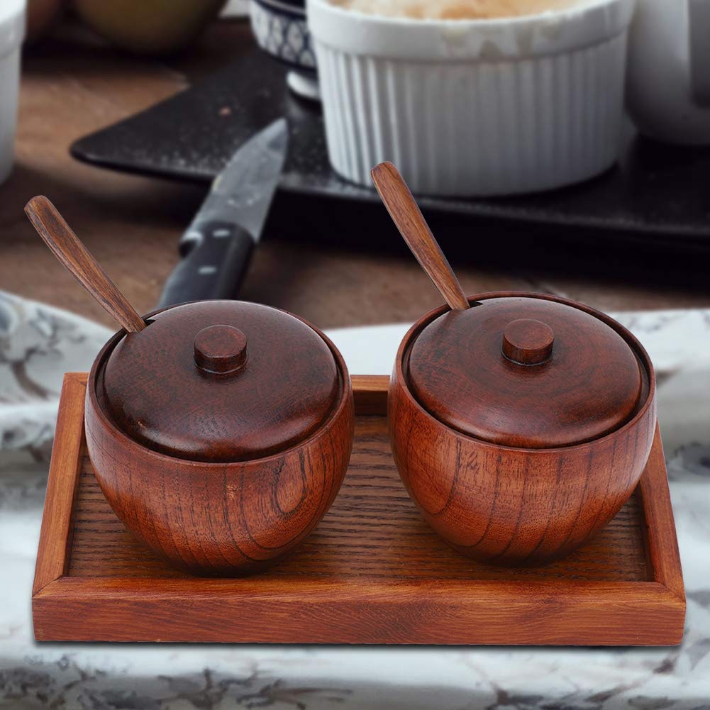Cyrank Set of 4 Spice Jars, Wooden Condiment Jars Set with Lid and Spoon Wood Seasoning Box Sugar Salt Container Set Condiment Pots for Salt, Sugar and Pepper
