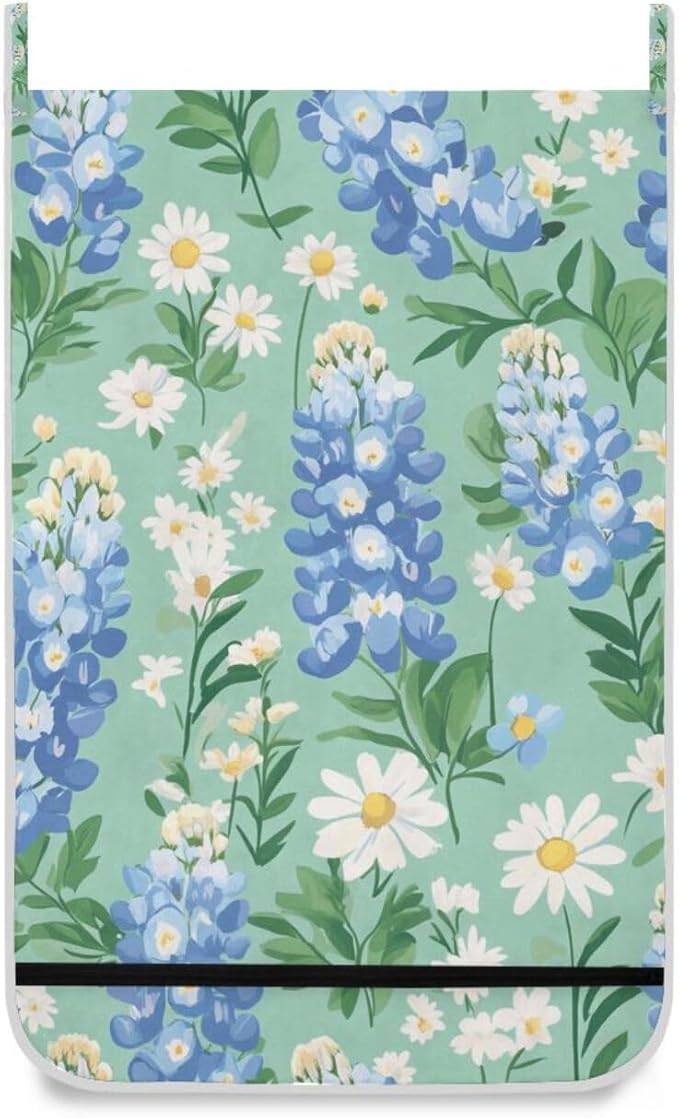 Mint Green Bluebonnet and Daisies Hanging Laundry Hamper Door Hampers Bag Basket