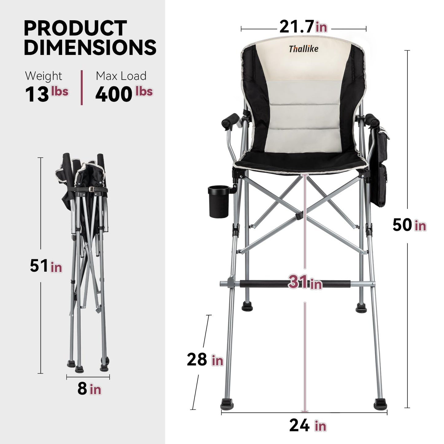 Thallike Foldable Directors Makeup Salon High Chair - Portable Camping Bar Height Folding Photoshoot Chairs with Stroage Bag Cup Holder Non-Slip Footrest, Supports 400 lbs Black Tall Director Chair