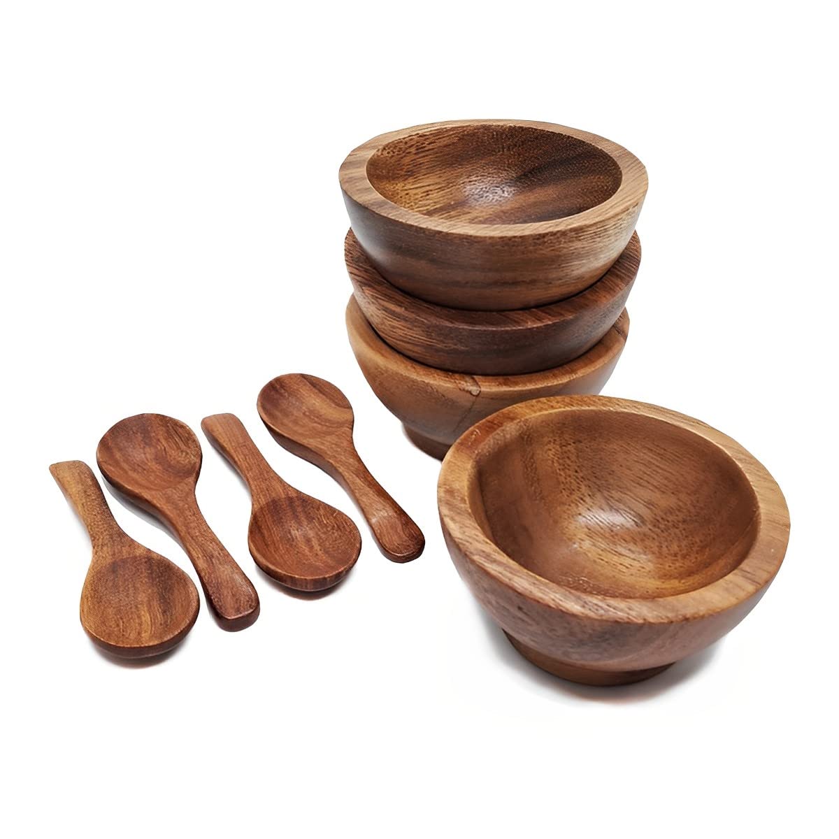 BestySuperStore Set of 4 Small Round Acacia Wooden Bowls 2⅞ Inch Diameter With Spoons - Stackable Mixing Bowl for Salad Soup Snack Salsa Dip Sauce Charcuterie Wood Tableware Sets for Decor and Serving