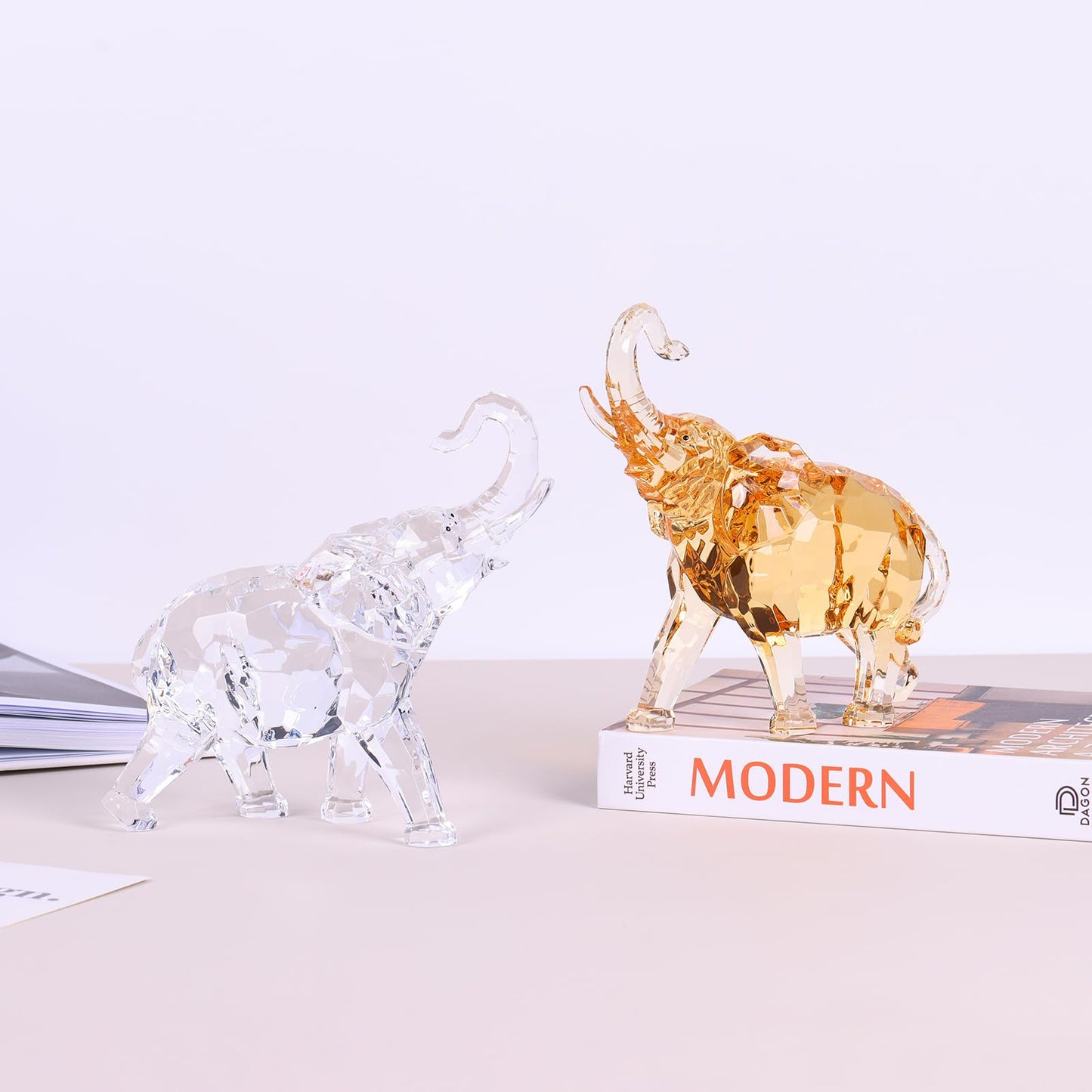 Acrylic Clear Elephant Figurines Crystal Glass Finish, High End African Statues for Home Decor, Elephant with Trunk up, Large Elephants Statue Sculpture, Lucky Gifts Office Feng Shui Elephants
