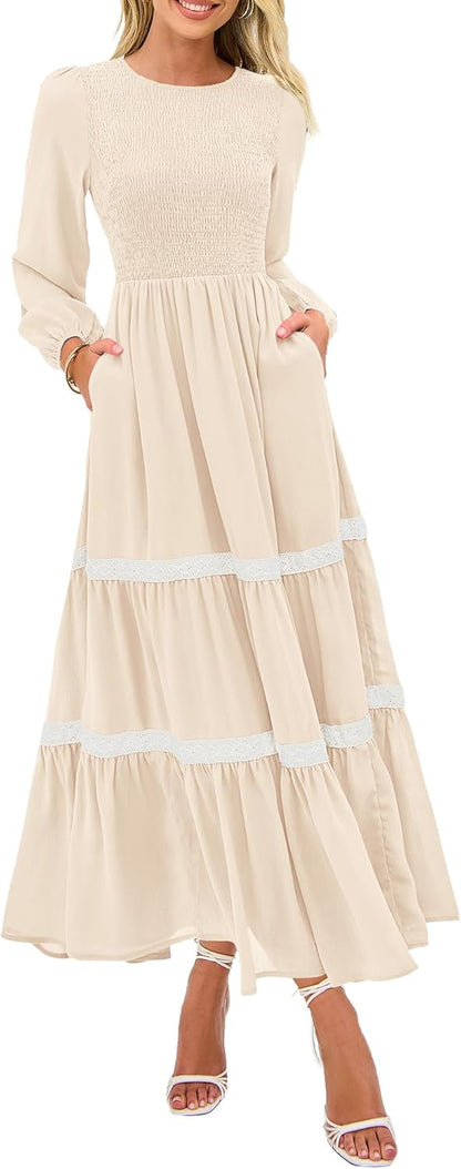 KIRUNDO Womens Smocked Long Sleeve Maxi Dress Wedding Guest Spring Fall Boho Tiered Lace Trim Flowy Long Dresses Pockets