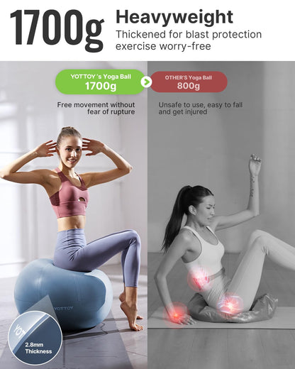 YOTTOY Anti-Burst Exercise Ball for Working Out, Yoga & Pregnancy, Extra Thick Workout Ball for Physical Therapy & Fitness