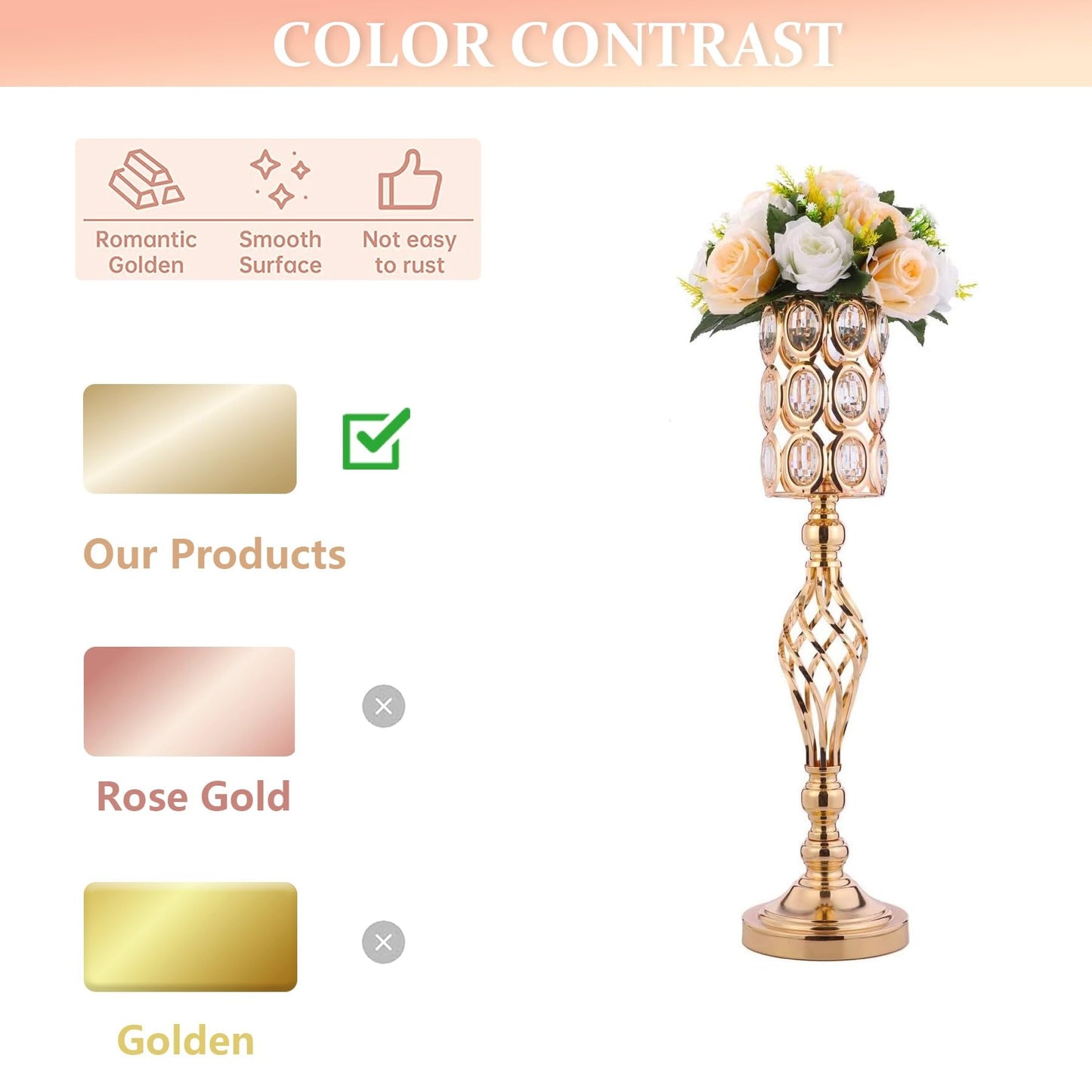 2pcs Gold Vases for Wedding Centerpieces for Tables, 24in Metal Diamond Crystal Flower Stand for Wedding Decorations for Reception Party Dining Room Living Room Decor