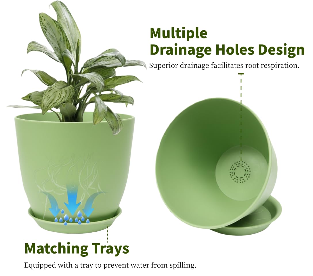 Vanslogreen Plant Pots 8 Inch Set of 6, Flower Pots with Drainage Holes and Saucer, Plastic Garden Planters for Indoor & Outdoor Plants (Green)