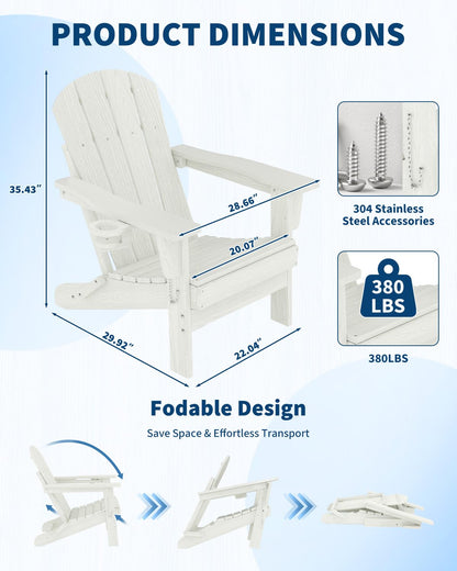 Garvee Folding Adirondack Chair Set of 4 with 2 Side Table, HDPE Outdoor Patio Chair with Cup Holder, All Weather Resistent Wooden Textured for patios, Decks, Gardens, fire Pit, White