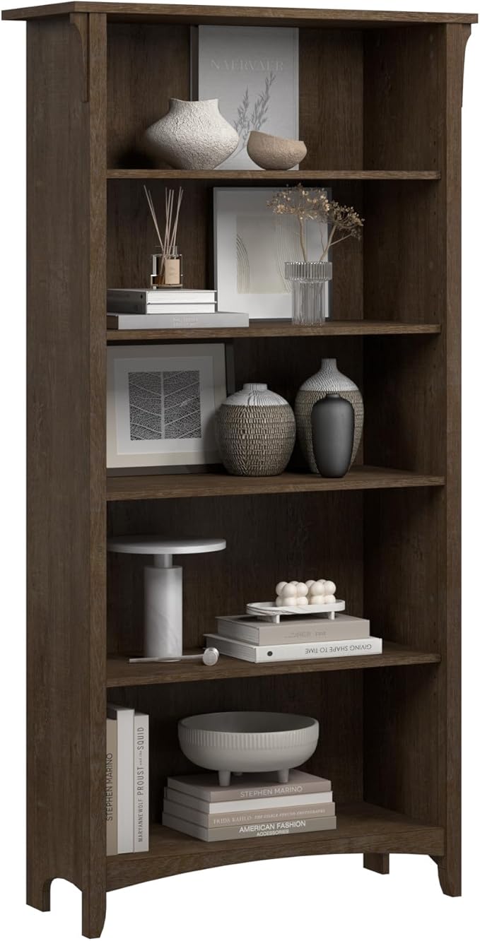 Bush Home Salinas 5 Shelf Bookcase in Ash Brown, Tall Bookshelf, Large Book