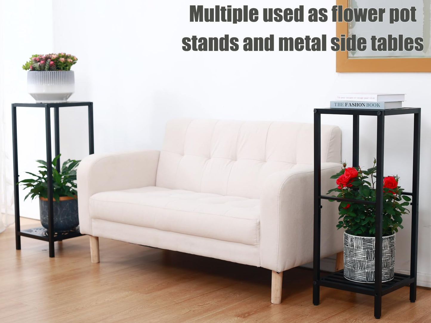 Party Zealot 2-Tier Tall Metal Square Plant Stand 31" Heavy-Duty Modern Flower Pot Rack for Indoor Living Room, Corner Side Table for Outdoor Patio, Garden, and Balcony Black, Leaf