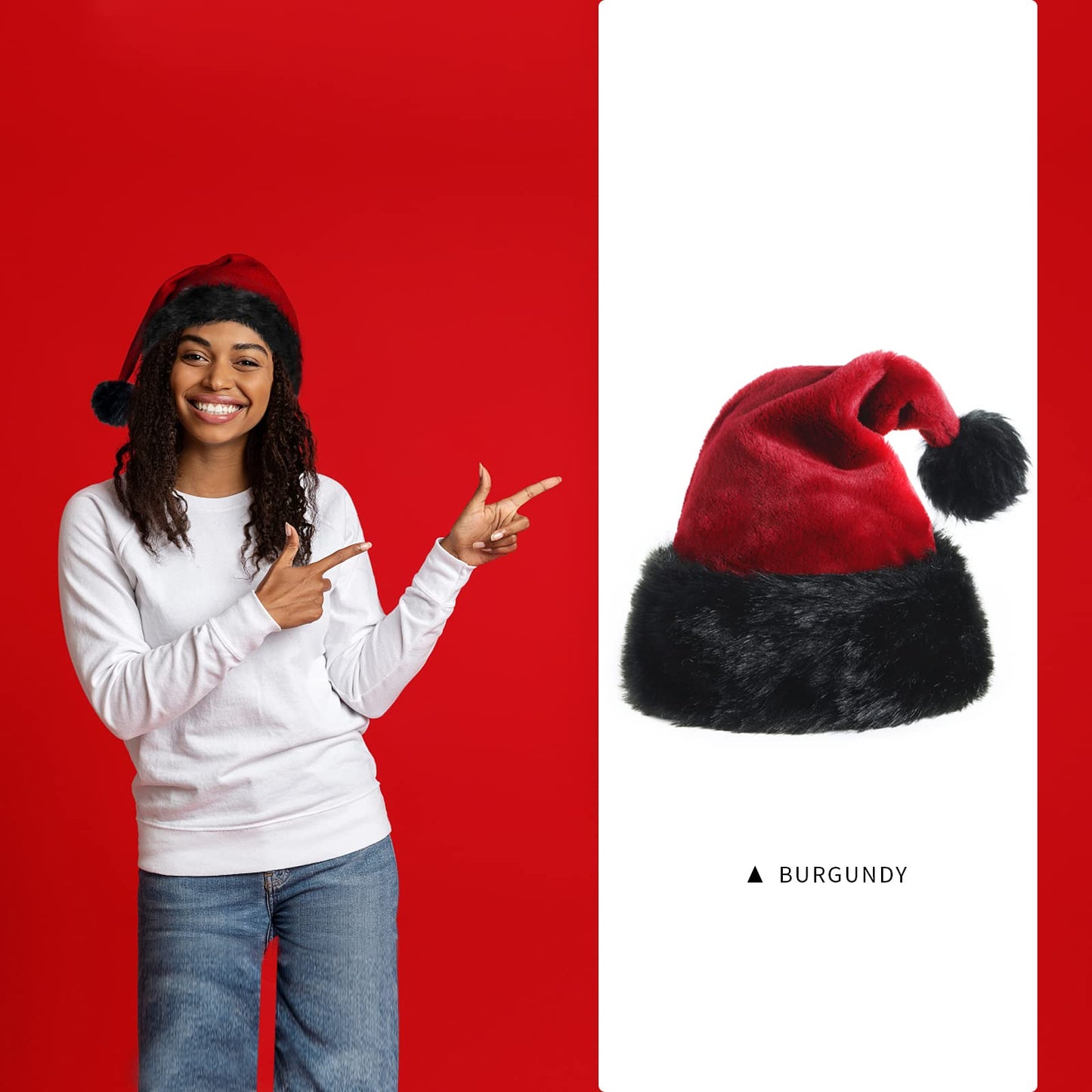 TWSANTAMAS Personalized Santa Hat - Super Soft Plush Christmas Hat for Adults, Unisex Holiday Party Gift (Black-Burgundy)