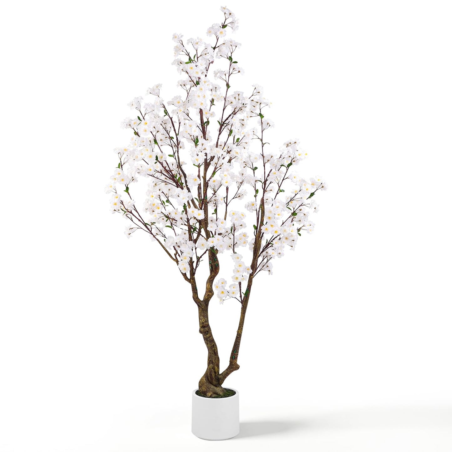 Artificial Cherry Blossom Tree, 7FT Tall Artificial Tree with White Pot, White Fake Sakura Flower Tree, Faux Silk Plants for Home, Living Room, Wedding, Garden, Balcony, Hotel Decoration