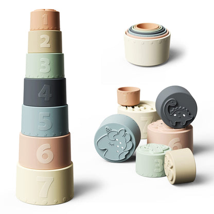 Moonkie Baby Stacking Cups Toy Silicone, Teether for Baby, Early Development & Activity Toys, Silicone Soft Teething Toy, for Bath Play, Stacking Toys 7 Piece Set
