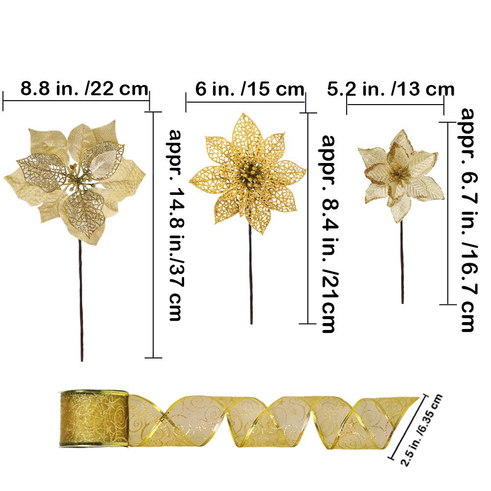 Winlyn 26 Set 3 Style Christmas Gold Glitter Poinsettia Flowers Picks Xmas Tree Ornaments and 20 Yards Decorative Gold Glittered Wired Ribbon for Christmas Tree Wreaths Garland Holiday Décor