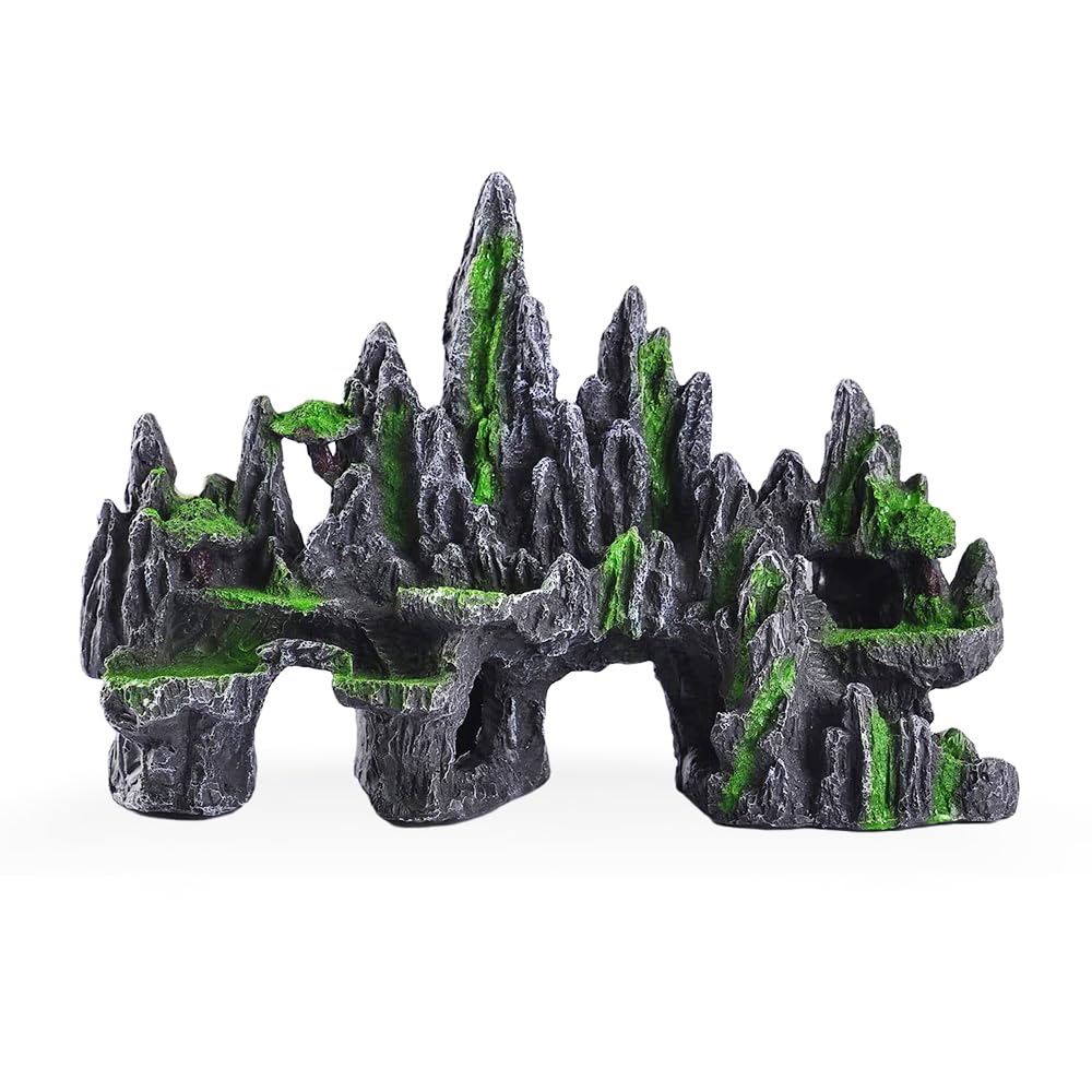 GOLOMOZ Large Fish Tank Decorations - Fish Tank Decor Aquarium Rock Mountain View Aquarium Ornament Tree House Cave Fishtank Rocks for Large Fishtank Glofish Tank Decorations