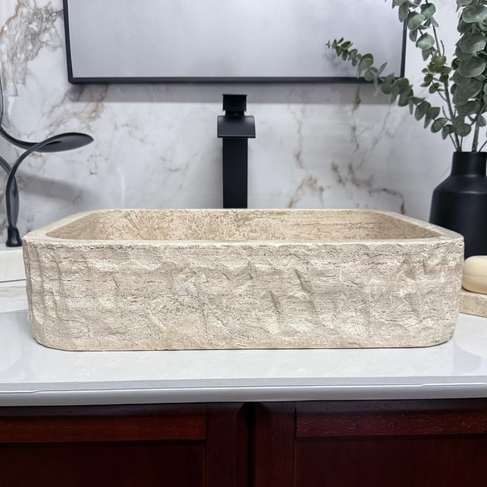 Shades of Nature Rectangular Travertine Vessel Sink, Natural Stone Wash Basin, Hand-Carved Bathroom Sink, Chiseled Exterior, Polished Interior, Above Counter Vanity (Soap Tray Included)