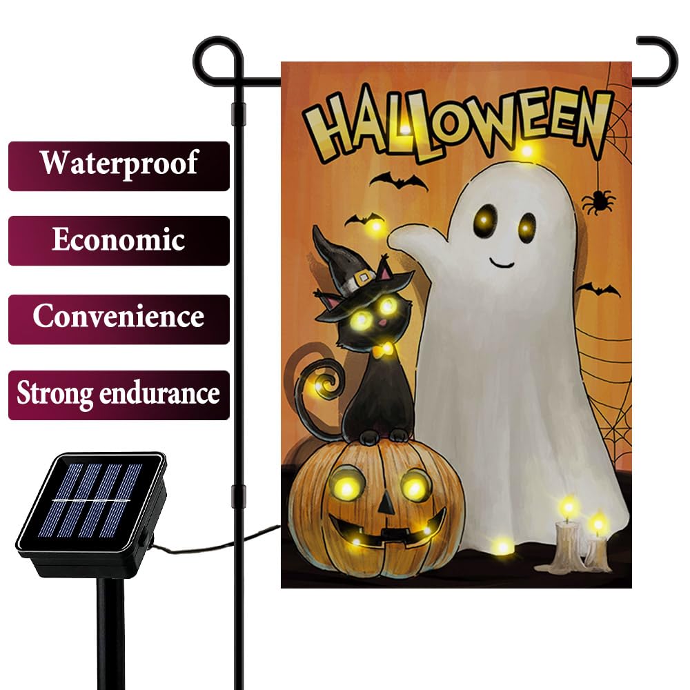 Black Cat Garden Flag, Ghost Solar LED Lights - Spooky Double-Sided 12x18 Flag for Patio Lawn, 16 LED - 8 Lighting Modes for Home Decoration