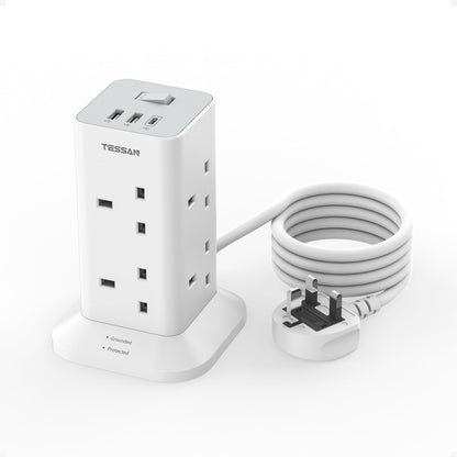 Tower Extension Lead with USB C Slots, TESSAN 8 Way Plug Extension Socket with Switch, Surge Protected Power Strip with 2M Cable for Home, School Supplies