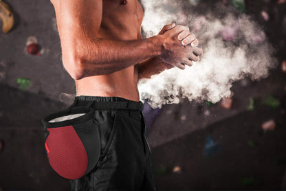 Rhino Valley Climbing Chalk Bag, No Leak Drawstring Chalk Bag with Adjustable Belt, Carabiner Clip and Zippered Pockets Chalk Bag for Rock Climbing, Cross Fit, Weight Lifting & More - Black & Red