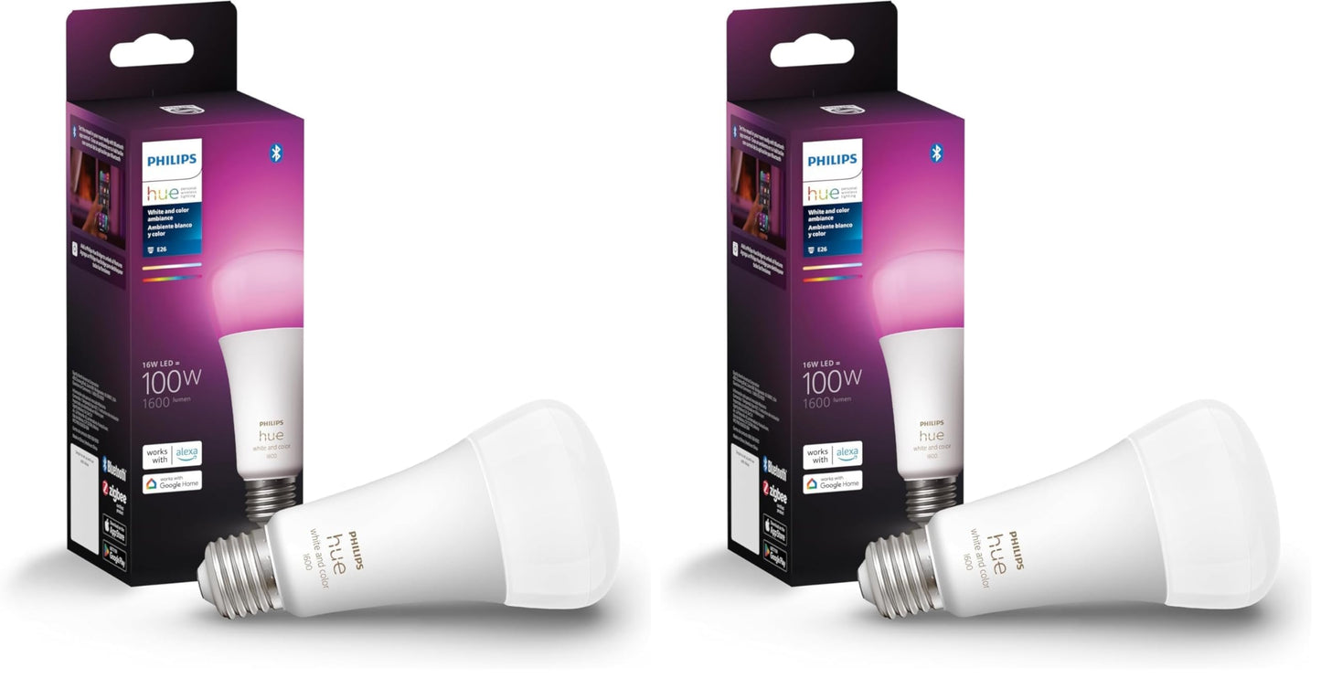 Philips Hue Smart 100W A21 LED Bulb - White and Color Ambiance Color-Changing Light - 4 Pack - 1600LM - E26 - Indoor - Control with Hue App - Works with Alexa, Google Assistant and Apple Homekit.