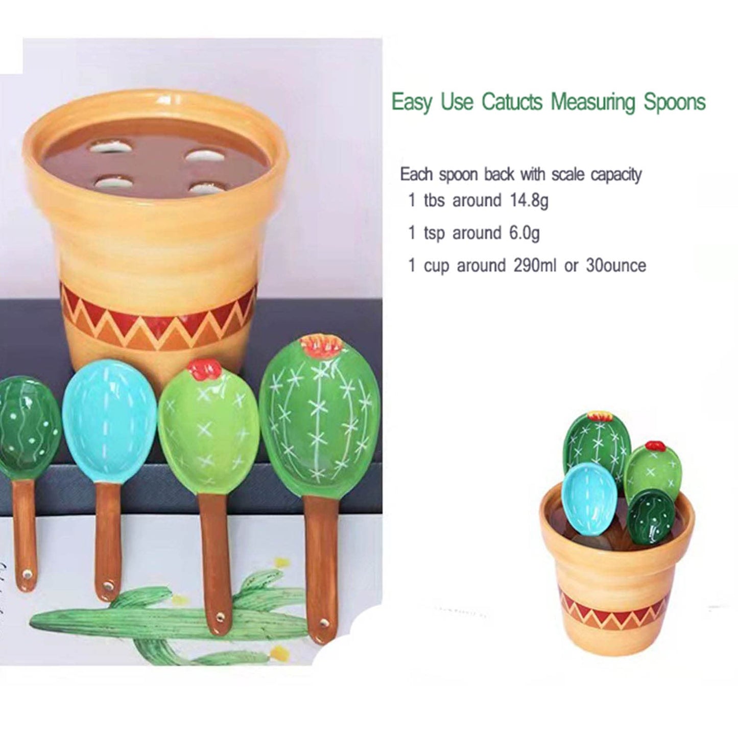 GICEY Cactus Measuring Spoons Set in Pot Ceramic Cute Small Cacti Measuring Spoons and Cups Green Housewarming Gifts for Baking,Salt, Sugar Dishwasher Safe (Green and Blue）