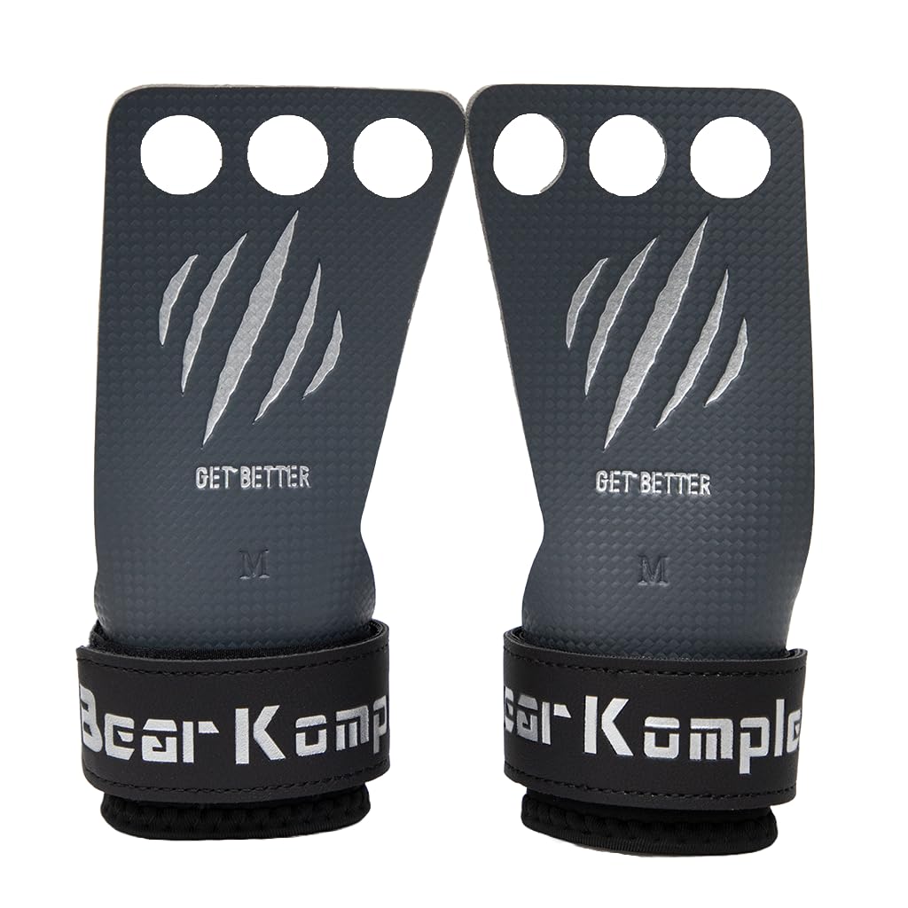 Bear KompleX 3 Hole Carbon Hand Grips for Weight Lifting, Cross Training and Gymnastics, Durable Workout Grips with Wrist Wraps, Comfortable Lifting Straps & Workout for Gymnastic Bars