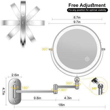 9" Wall Mounted Lighted Makeup Mirror,4000mAh Rechargeable Double Sided 1X/10X Magnifying Mirror with Light,3 Color Lights,Touch Dimmable,Extended Arm 360 Rotation Wall Mounted Makeup Mirror