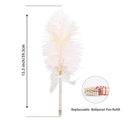 Vijiv Ostrich Feather Pen Quill Ballpoint Pen, Refillable Wedding Pens for Guest Book Signing, Luxury Nikah Fancy Pens for 1920s Great Gatsby Accessories Party Favor Supplies White