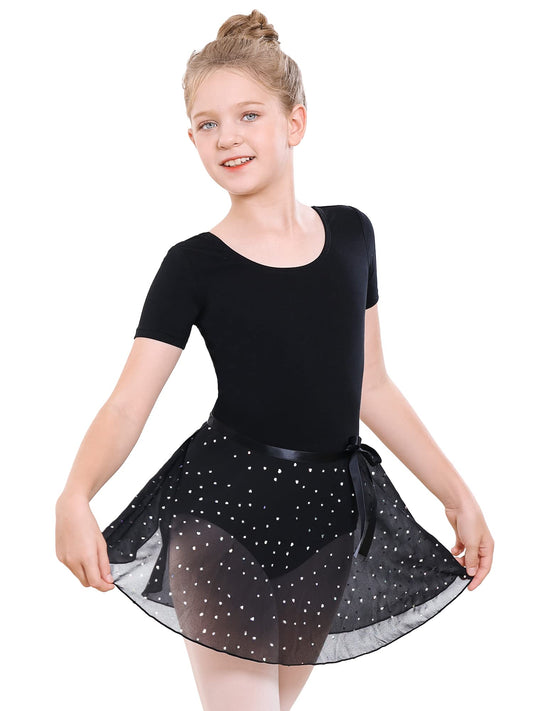 Stelle Girls Short Sleeve Dance Active Dress Ballet Leotard Combo with Dance Skirt and Dance Tight (Black (Shiny Skirt),110, 6 Years)