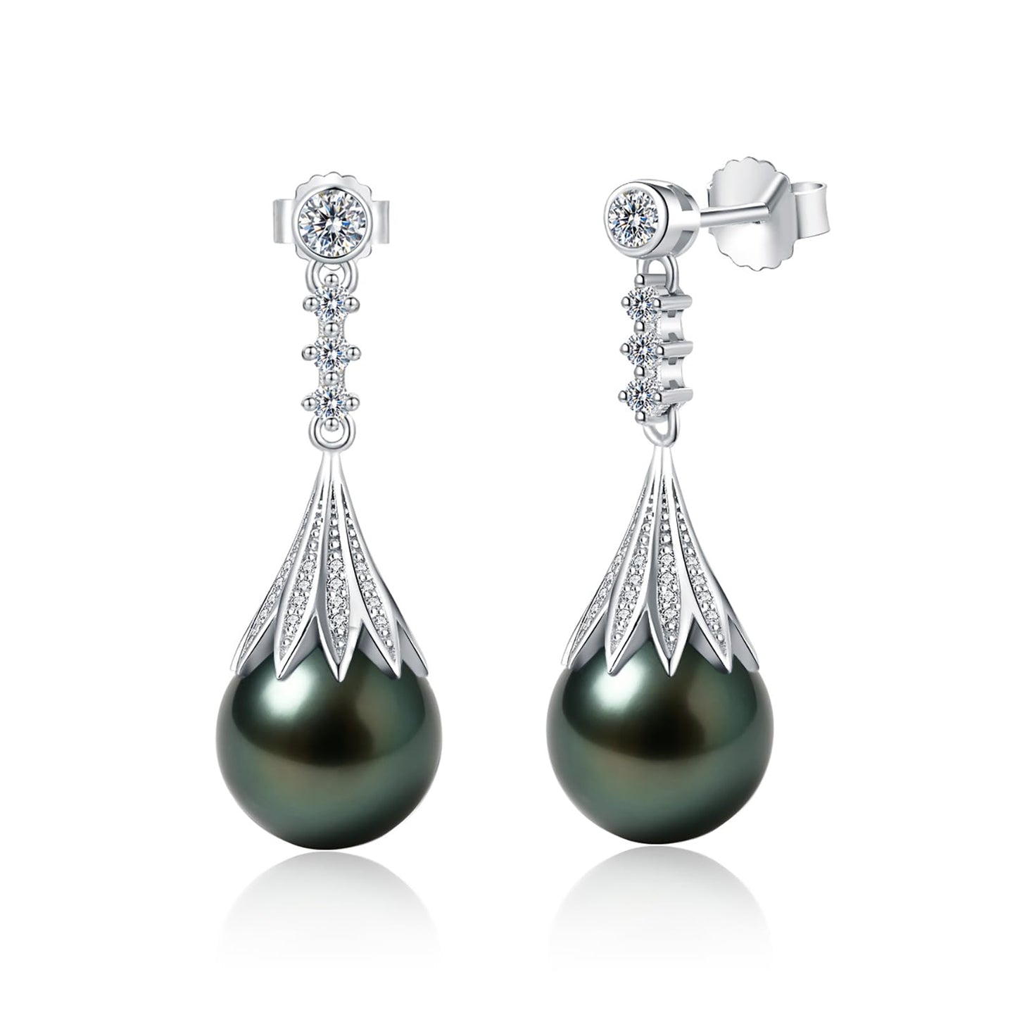Genunie Tahitian Black Pearl Earrings - Christmas Gifts for Wife Women Anniversary Wedding, Mom Birthday Gift, AAAA 10-11mm Ocean-Grown Pearls with S925 Sterling Silver Unique Moissanite Jewelry