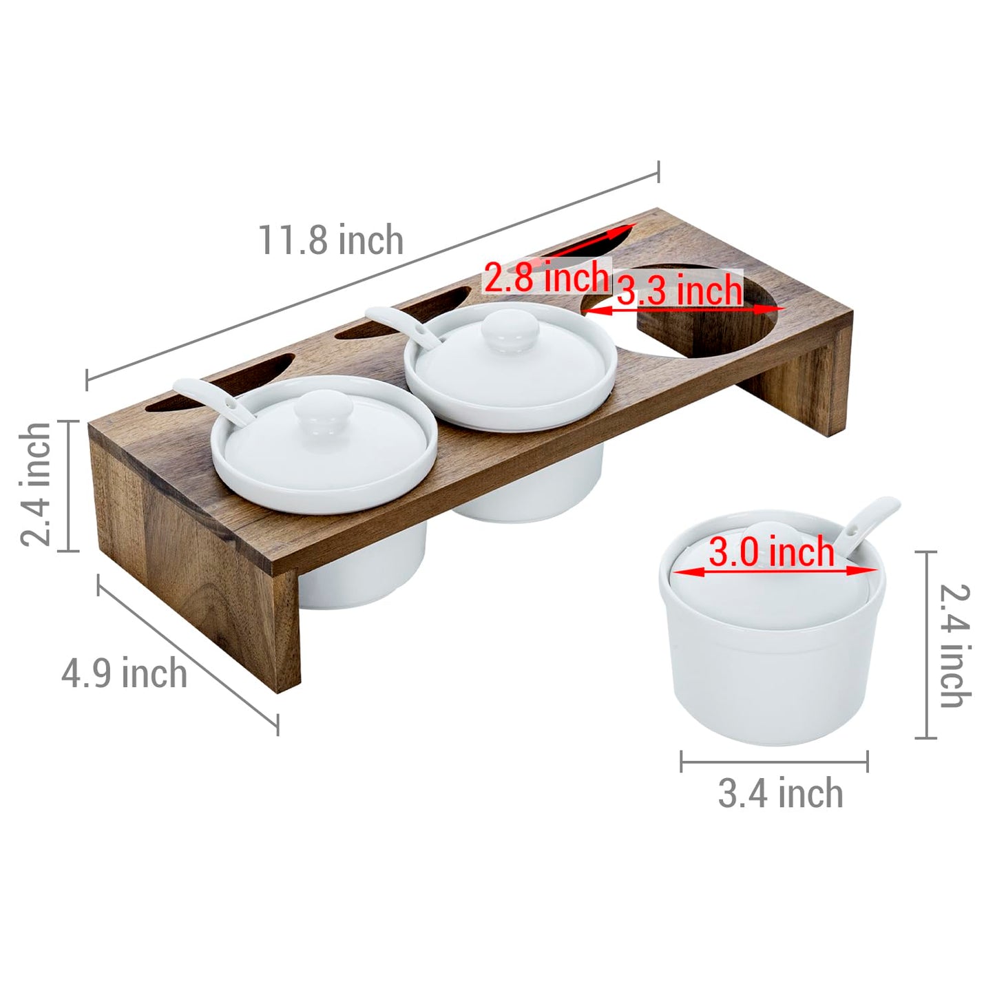 MyGift 10 Pcs Condiment Pot Serving Dish Set, Hosting Essentials, Premium Acacia Solid Wood Raised Display Server Tray and 3 Ceramic Ramekin Dip Bowls with Lids and Spoons