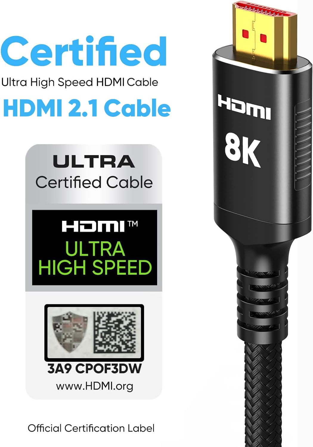 Snowkids 8K Certified HDMI 2.1 Cable 10 ft, 48Gbps Ultra High-Speed HDMI Cables Cord, 10K 8K@60Hz, 4K@120Hz Compatible for TV/Laptop/Monitor/PS-5/X-box/Projector/Entertainment/Sound System & More