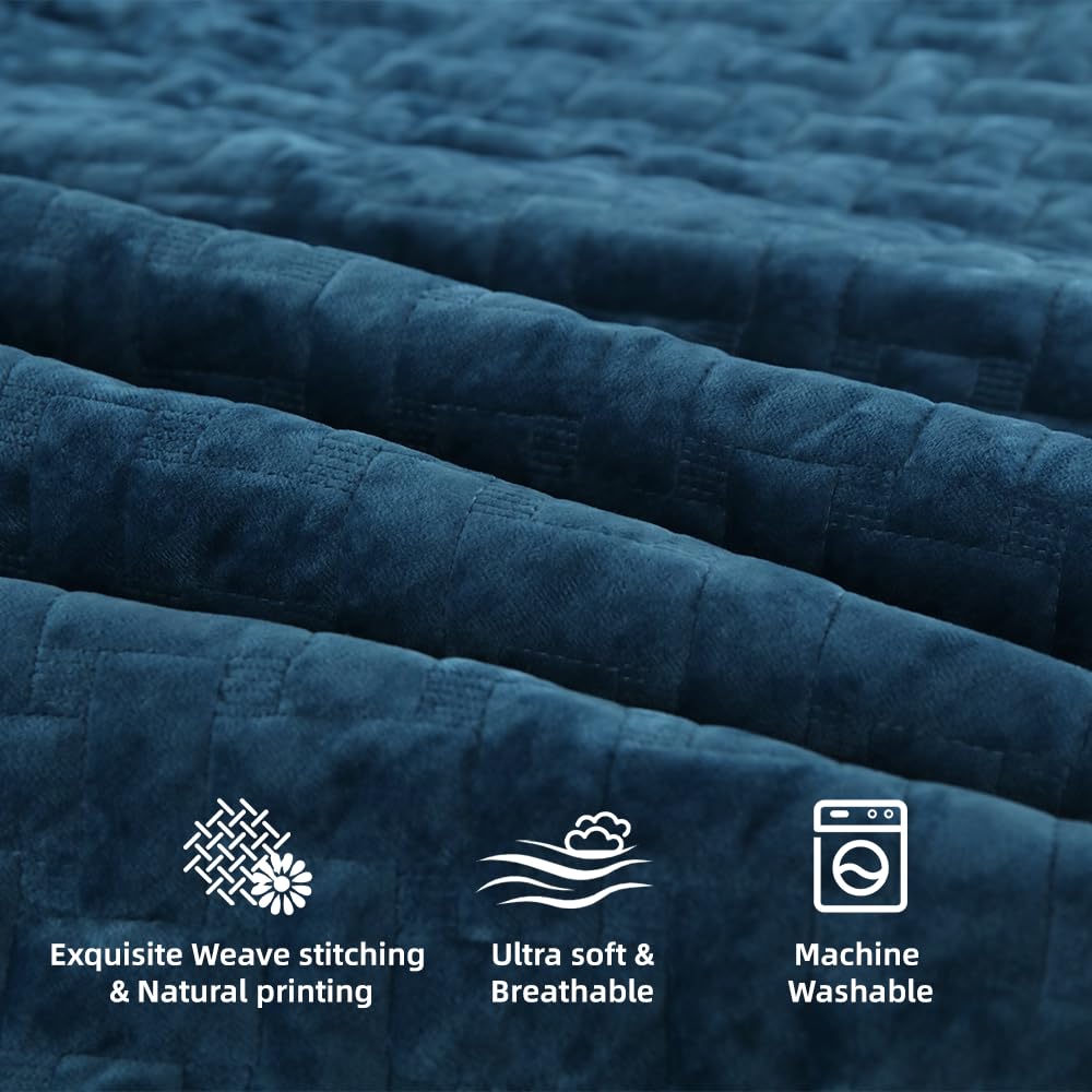 Liians Velvet Bedspread Quilt Bedding Sets,Luxury Elegant Ultra Soft Velvet Comforters Coverlet Blankets,Weave Stitching Pattern Cotton Quilted Bedspread for All Seasons,Azure Blue,Queen Size