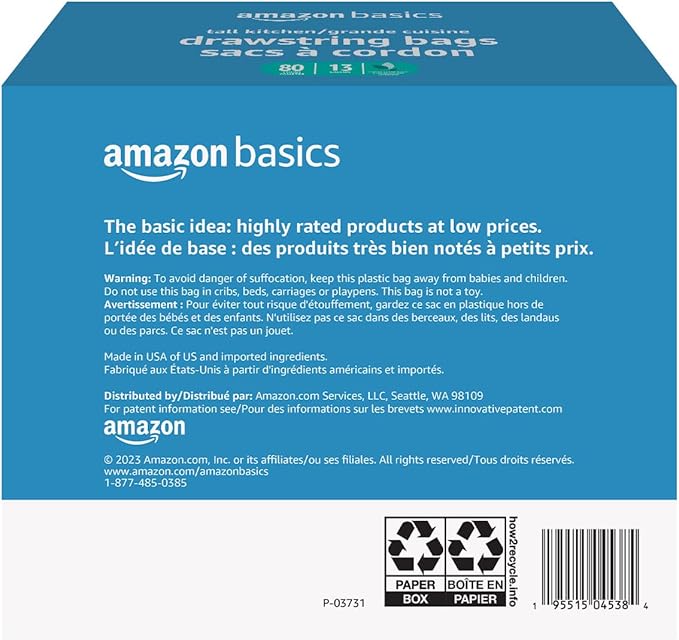 Amazon Basics Ultra-Force Tall Kitchen Drawstring Trash Bags, Classic Clean